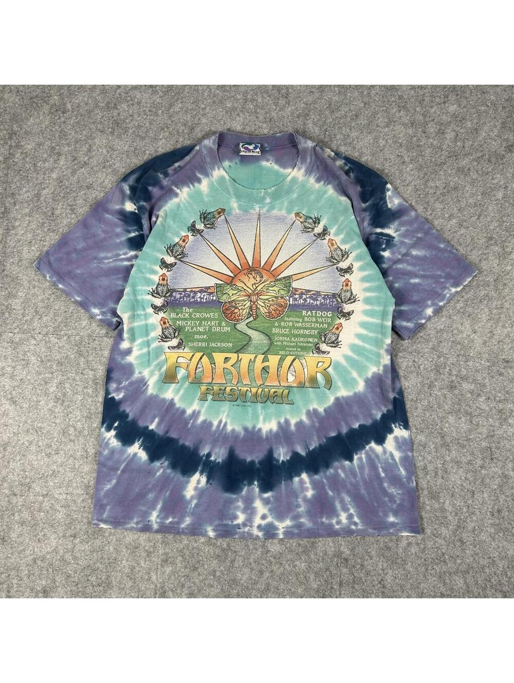 Vintage 90s 1997 Liquid Blue Tie Dye AOP Further Festival Band T Shirt Size XL